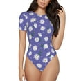 thumbnail image 1 of KLL Women 's Crew Neck Bodysuit Jumpsuits Daisies Flowers Print Short onesies Stretch T Shirts, 1 of 7