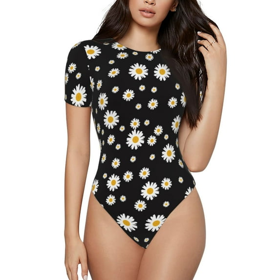 KLL Women 's Crew Neck Bodysuit Jumpsuits Daisy Print Short onesies Stretch T Shirts