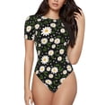 thumbnail image 1 of KLL Women 's Crew Neck Bodysuit Jumpsuits Daisy Print Short onesies Stretch T Shirts, 1 of 7