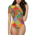 thumbnail image 1 of KLL Women 's Crew Neck Bodysuit Jumpsuits Dancing African Womans Print Short onesies Stretch T Shirts, 1 of 7