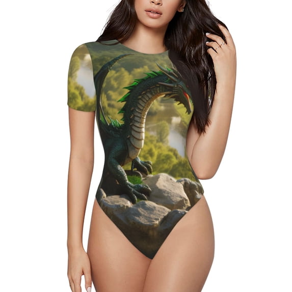 KLL Women 's Crew Neck Bodysuit Jumpsuits Deep Forest Stone Green Dragon Print Short onesies Stretch T Shirts