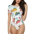 thumbnail image 1 of KLL Women 's Crew Neck Bodysuit Jumpsuits Dinosaur Print Short onesies Stretch T Shirts, 1 of 7