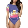 thumbnail image 1 of KLL Women 's Crew Neck Bodysuit Jumpsuits Dog Washes in a Pink Bath Print Short onesies Stretch T Shirts, 1 of 7