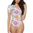 thumbnail image 1 of KLL Women 's Crew Neck Bodysuit Jumpsuits Donuts and Coffee Print Short onesies Stretch T Shirts, 1 of 7