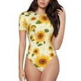 thumbnail image 1 of KLL Women 's Crew Neck Bodysuit Jumpsuits European-style Pattern Sunflower Print Short onesies Stretch T Shirts, 1 of 5