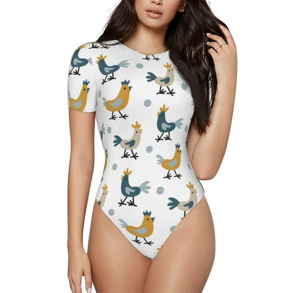 KLL Women 's Crew Neck Bodysuit Jumpsuits Farm Roosters Print Short onesies Stretch T Shirts