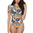 thumbnail image 1 of KLL Women 's Crew Neck Bodysuit Jumpsuits Fashionable Paisley Print Short onesies Stretch T Shirts, 1 of 5