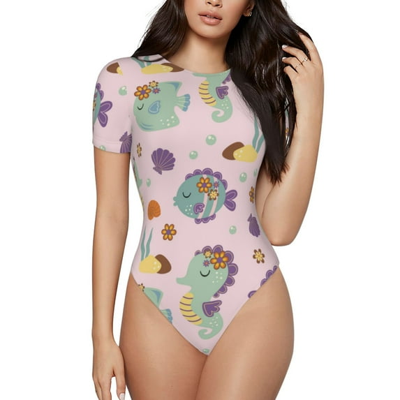 KLL Women 's Crew Neck Bodysuit Jumpsuits Fish Seahorse Print Short onesies Stretch T Shirts