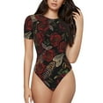 thumbnail image 1 of KLL Women 's Crew Neck Bodysuit Jumpsuits Fishbone Rose Print Short onesies Stretch T Shirts, 1 of 7