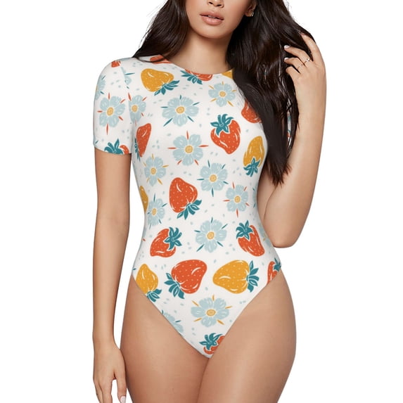 KLL Women 's Crew Neck Bodysuit Jumpsuits Floral Strawberr Print Short onesies Stretch T Shirts