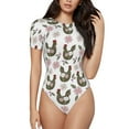 thumbnail image 1 of KLL Women 's Crew Neck Bodysuit Jumpsuits Flowe Rooster Print Short onesies Stretch T Shirts, 1 of 7