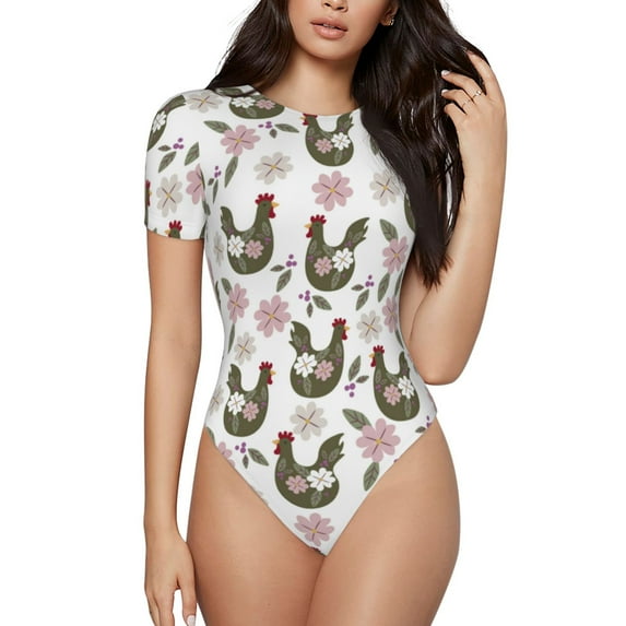 KLL Women 's Crew Neck Bodysuit Jumpsuits Flowe Rooster Print Short onesies Stretch T Shirts
