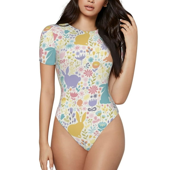 KLL Women 's Crew Neck Bodysuit Jumpsuits Flower Color Rabbit Print Short onesies Stretch T Shirts