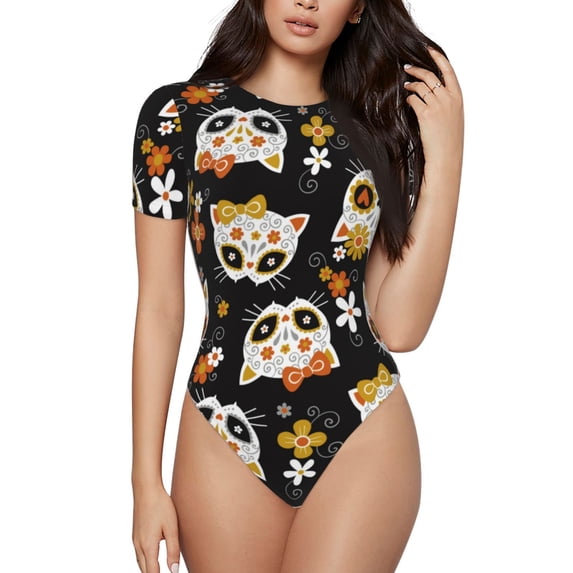 KLL Women 's Crew Neck Bodysuit Jumpsuits Flower Fox Print Short onesies Stretch T Shirts