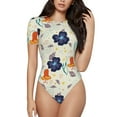 thumbnail image 1 of KLL Women 's Crew Neck Bodysuit Jumpsuits Flower Leaves Print Short onesies Stretch T Shirts, 1 of 7