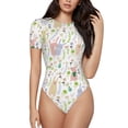 thumbnail image 1 of KLL Women 's Crew Neck Bodysuit Jumpsuits Flower Rabbit Print Short onesies Stretch T Shirts, 1 of 7