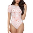thumbnail image 1 of KLL Women 's Crew Neck Bodysuit Jumpsuits Flower Rabbit Print Short onesies Stretch T Shirts, 1 of 7