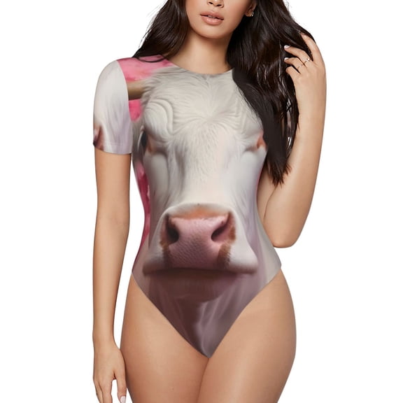 KLL Women 's Crew Neck Bodysuit Jumpsuits Flower White Cow Print Short onesies Stretch T Shirts