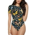 thumbnail image 1 of KLL Women 's Crew Neck Bodysuit Jumpsuits Flowers Butterfly Print Short onesies Stretch T Shirts, 1 of 7