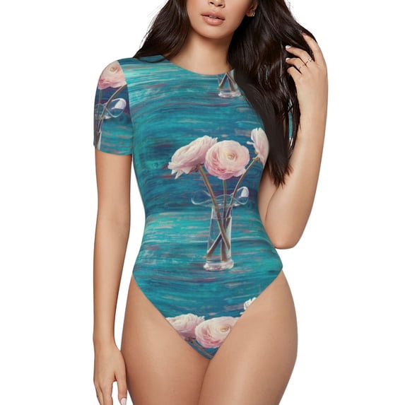 KLL Women 's Crew Neck Bodysuit Jumpsuits Flowers in Glass Vase Print Short onesies Stretch T Shirts