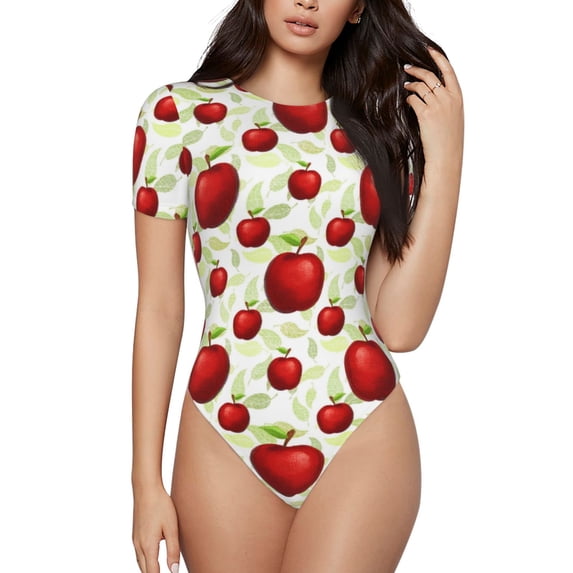 KLL Women 's Crew Neck Bodysuit Jumpsuits Fruit Apples Print Short onesies Stretch T Shirts