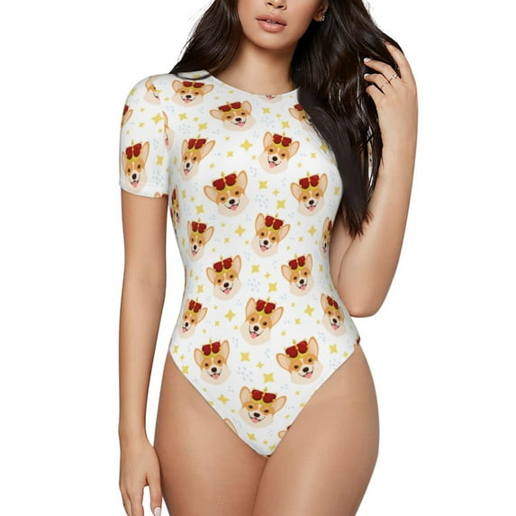 KLL Women 's Crew Neck Bodysuit Jumpsuits Funny Corgi Print Short onesies Stretch T Shirts