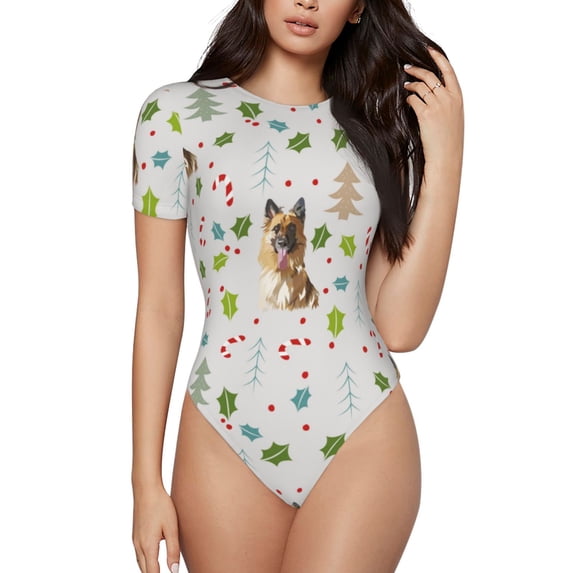 KLL Women 's Crew Neck Bodysuit Jumpsuits German Shepherd Dog Print Short onesies Stretch T Shirts