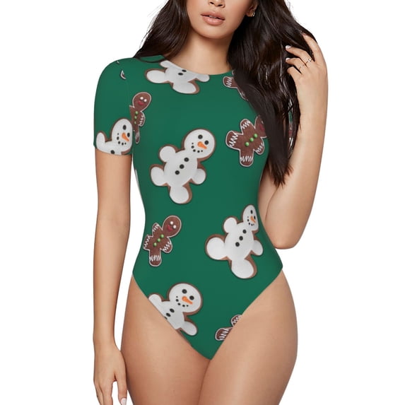 KLL Women 's Crew Neck Bodysuit Jumpsuits Gingerbread Snowman Cookies Print Short onesies Stretch T Shirts
