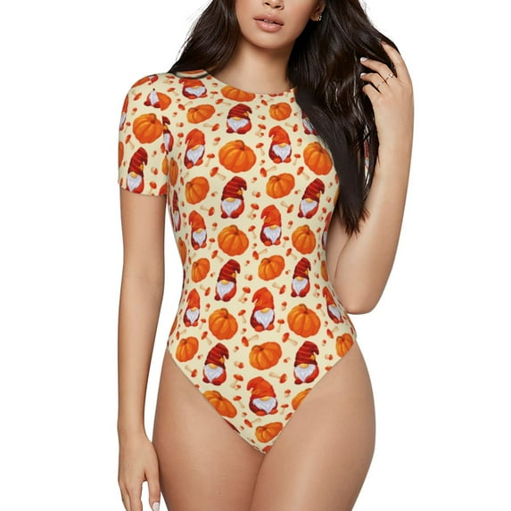 KLL Women 's Crew Neck Bodysuit Jumpsuits Gnomes Pumpkin And Mushrooms Print Short onesies Stretch T Shirts