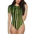 thumbnail image 1 of KLL Women 's Crew Neck Bodysuit Jumpsuits Green Bamboo Fence1 Print Short onesies Stretch T Shirts, 1 of 5
