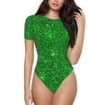 thumbnail image 1 of KLL Women 's Crew Neck Bodysuit Jumpsuits Green Glitter Print Short onesies Stretch T Shirts, 1 of 7