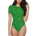 thumbnail image 1 of KLL Women 's Crew Neck Bodysuit Jumpsuits Green Sparkling Shiny Print Short onesies Stretch T Shirts, 1 of 5