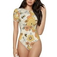 thumbnail image 1 of KLL Women 's Crew Neck Bodysuit Jumpsuits Groovy Floral Print Short onesies Stretch T Shirts, 1 of 7