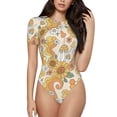 thumbnail image 1 of KLL Women 's Crew Neck Bodysuit Jumpsuits Groovy Hippie Flower Mushrooms Print Short onesies Stretch T Shirts, 1 of 7