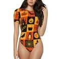 thumbnail image 1 of KLL Women 's Crew Neck Bodysuit Jumpsuits Halloween Banner Symbols Print Short onesies Stretch T Shirts, 1 of 7