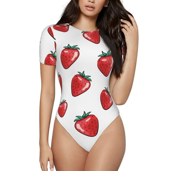 KLL Women 's Crew Neck Bodysuit Jumpsuits Hand Drawn Strawberry Print Short onesies Stretch T Shirts