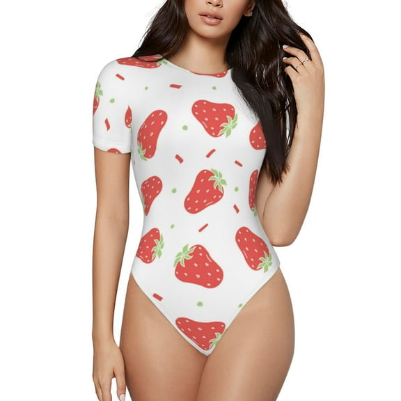 KLL Women 's Crew Neck Bodysuit Jumpsuits Hand Drawn Strawberry Print Short onesies Stretch T Shirts