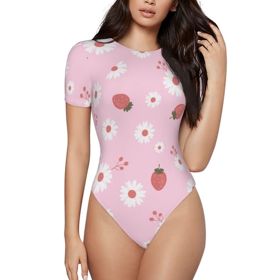 KLL Women 's Crew Neck Bodysuit Jumpsuits Hand Drawn Strawberry Print Short onesies Stretch T Shirts