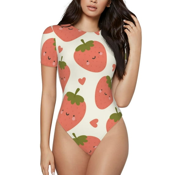 KLL Women 's Crew Neck Bodysuit Jumpsuits Hand Drawn Strawberry Print Short onesies Stretch T Shirts