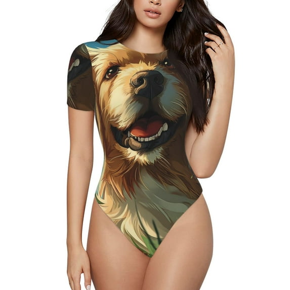 KLL Women 's Crew Neck Bodysuit Jumpsuits Happy Dog In Flower Field Print Short onesies Stretch T Shirts