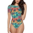 thumbnail image 1 of KLL Women 's Crew Neck Bodysuit Jumpsuits Hawaii Palms Print Short onesies Stretch T Shirts, 1 of 7