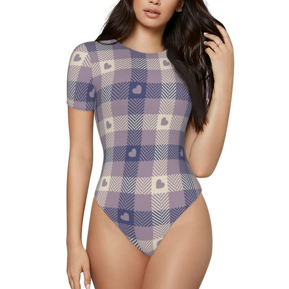 KLL Women 's Crew Neck Bodysuit Jumpsuits Heart Check Plaid Print Short onesies Stretch T Shirts