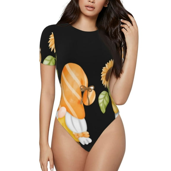 KLL Women 's Crew Neck Bodysuit Jumpsuits Hello Spring Sunflower Gnomes Print Short onesies Stretch T Shirts