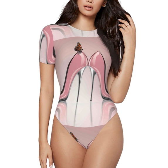 KLL Women 's Crew Neck Bodysuit Jumpsuits High Heel Shoes Butterfly Print Short onesies Stretch T Shirts