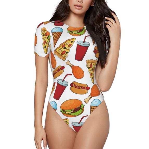 KLL Women 's Crew Neck Bodysuit Jumpsuits Hot Dog Burger Print Short onesies Stretch T Shirts
