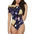 thumbnail image 1 of KLL Women 's Crew Neck Bodysuit Jumpsuits Lavender Flowers Print Short onesies Stretch T Shirts, 1 of 7