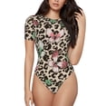 thumbnail image 1 of KLL Women 's Crew Neck Bodysuit Jumpsuits Leopard Dots Print Short onesies Stretch T Shirts, 1 of 7