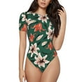 thumbnail image 1 of KLL Women 's Crew Neck Bodysuit Jumpsuits Lilies Flowers Print Short onesies Stretch T Shirts, 1 of 7