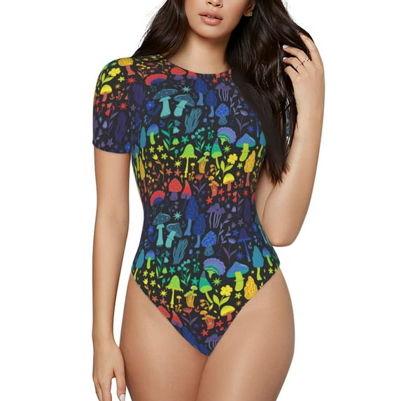 KLL Women 's Crew Neck Bodysuit Jumpsuits Magical Mushrooms and Flowers Print Short onesies Stretch T Shirts