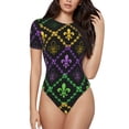 thumbnail image 1 of KLL Women 's Crew Neck Bodysuit Jumpsuits Mardi Gra Geometric Print Short onesies Stretch T Shirts, 1 of 7